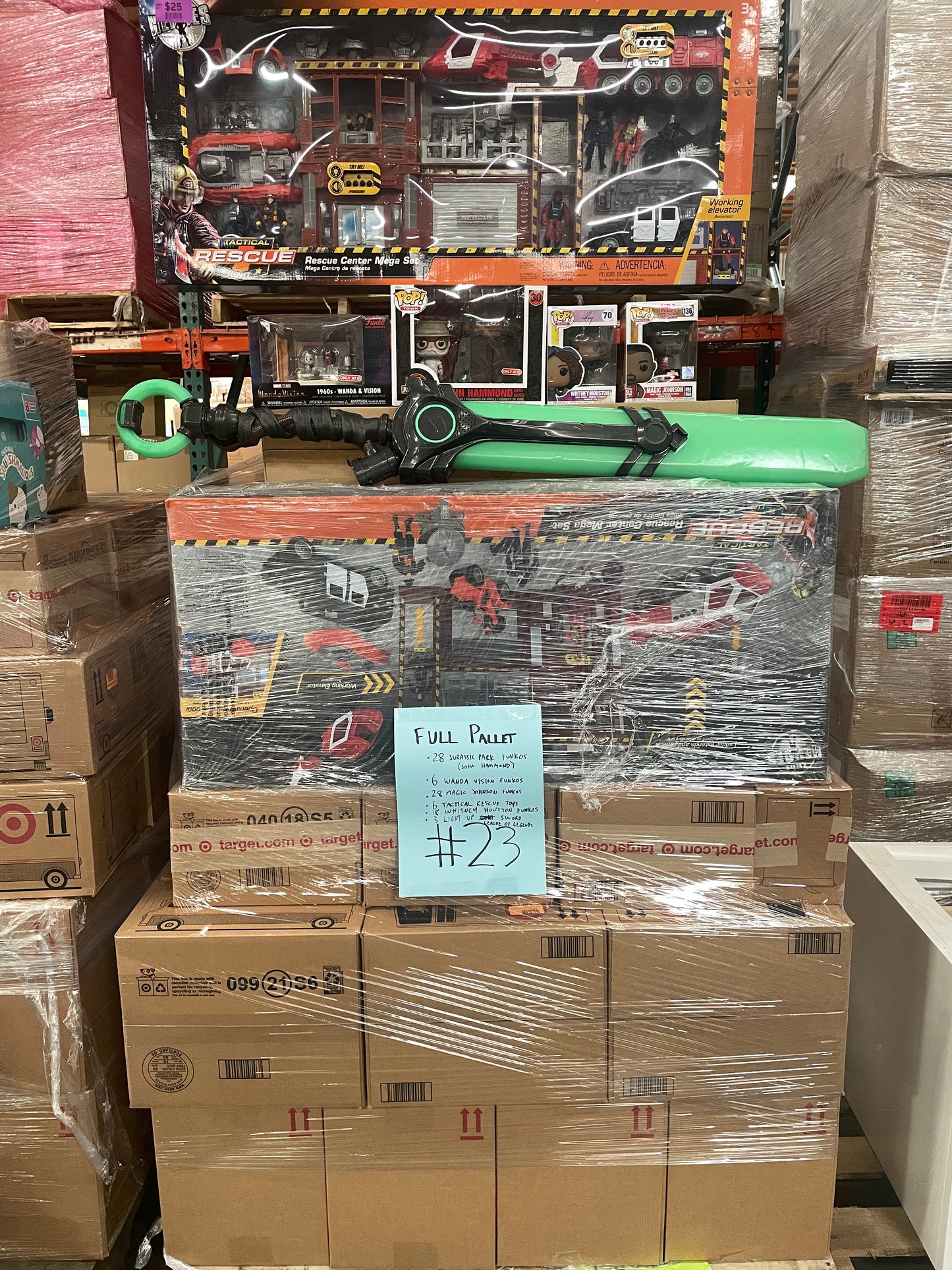 LOT #23 Wholesale Pallet of Mix of Toys. Funko Pop, Tactical Rescue Toys, 3 Foot League of Legends Swords (Retail $2400)) Pickup Only!