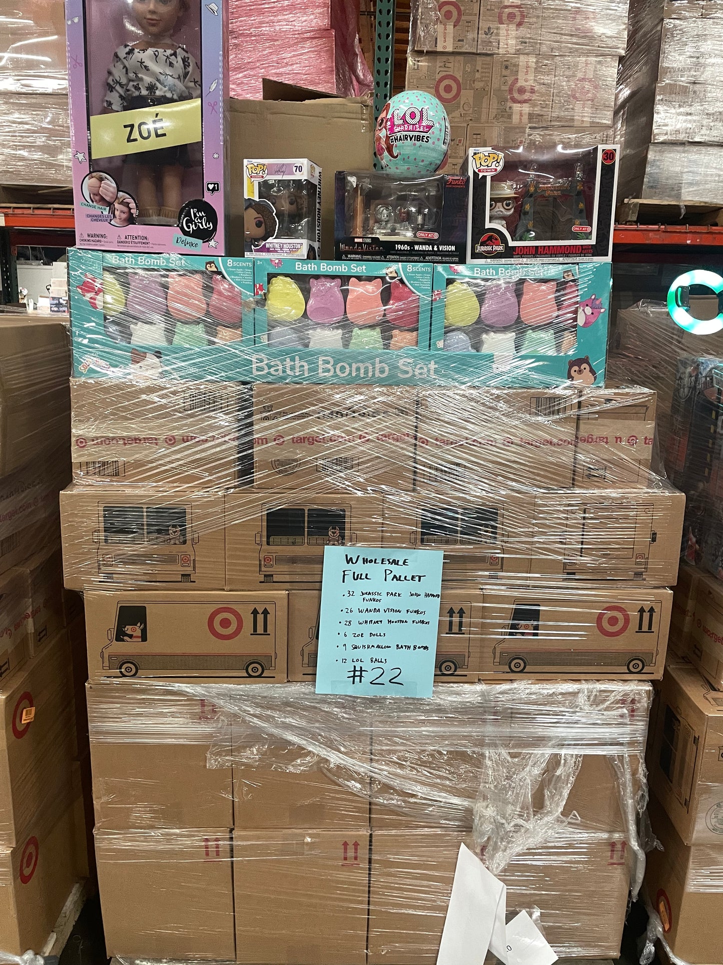 LOT #22 Wholesale Pallet of Mix of Toys. Funko Pop, Im a Girly Deluxe Dolls, LOL Dolls, Squishmallow Bath Bombs (Retail $2950)) Pickup Only!