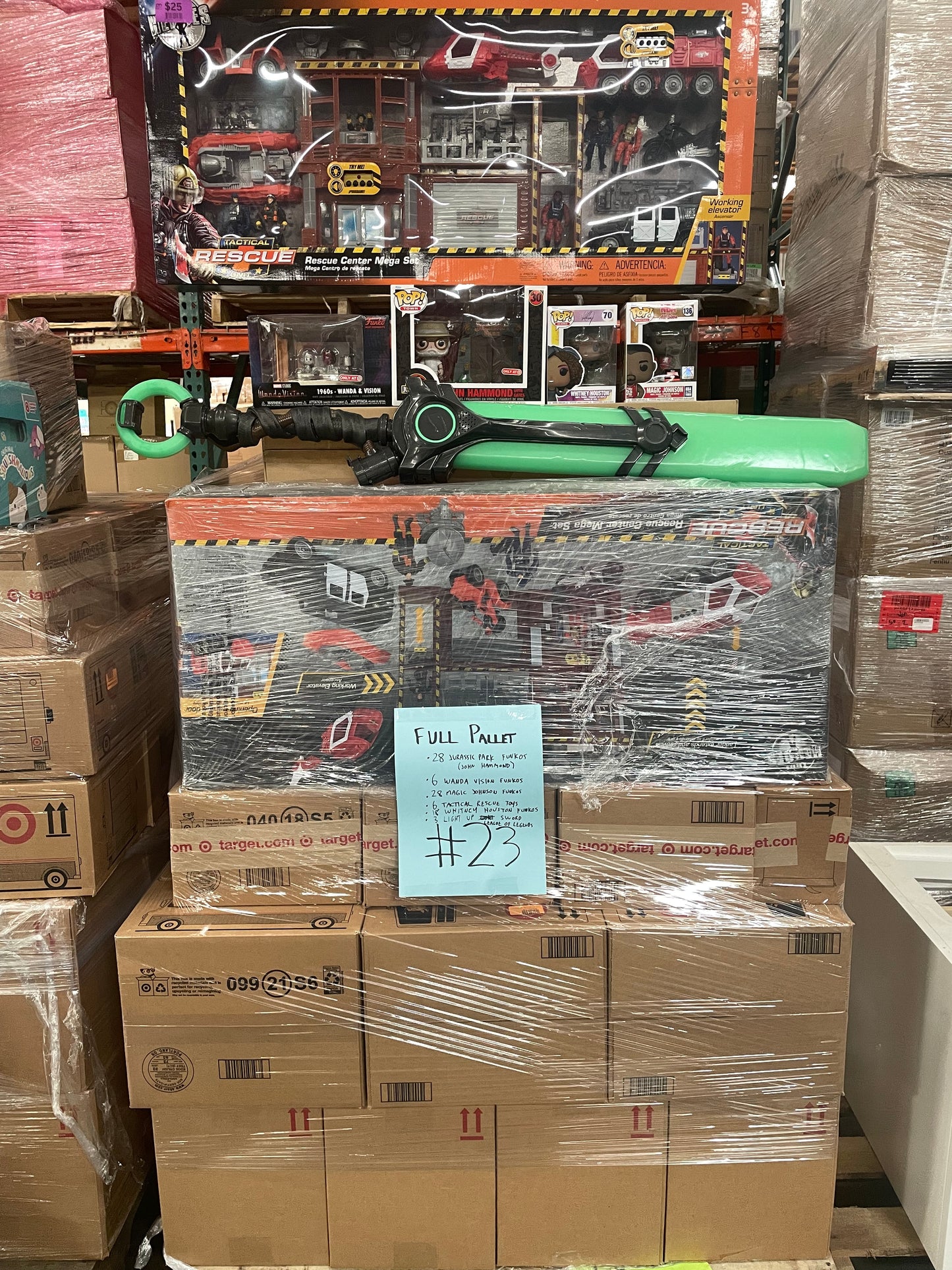 LOT #23 Wholesale Pallet of Mix of Toys.  Funko Pop, Tactical Rescue Toys, 3 Foot League of Legends Swords (Retail $2400)) Pickup Only!