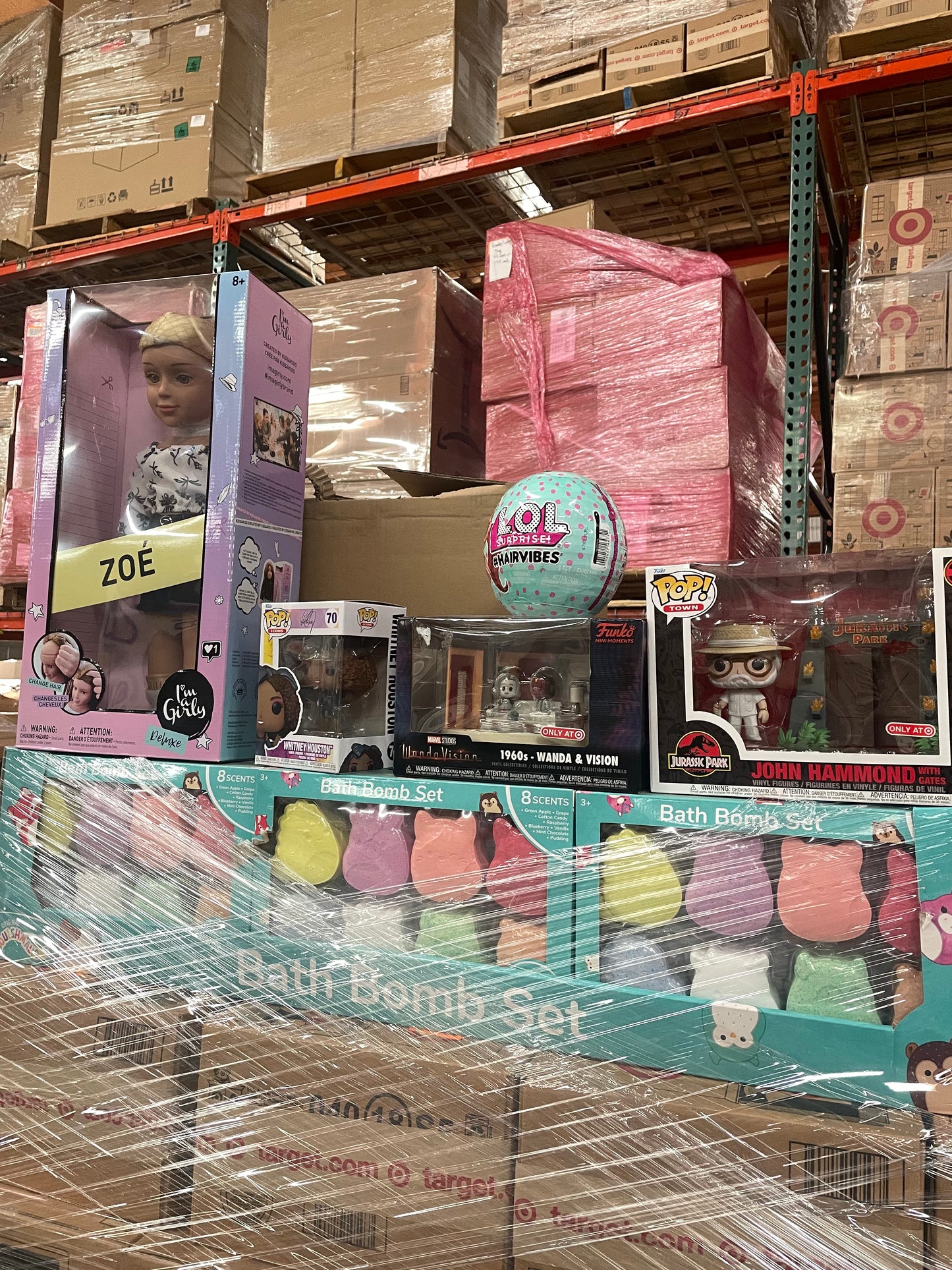 LOT #22 Wholesale Pallet of Mix of Toys.  Funko Pop, Im a Girly Deluxe Dolls, LOL Dolls, Squishmallow Bath Bombs (Retail $2950)) Pickup Only!